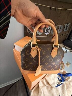 Louis Vuitton Brown Monogram Mini Alma Satchel with Tan Trim